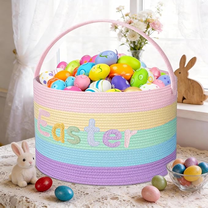 Rainbow Easter Basket, Extra Large Easter Egg Hunting Basket, Woven Cotton Rope Storage Basket Laundry Basket with Handle, Soft Round Storage Bin, Blanket Basket, Empty Gift Basket, 18.5"x13"