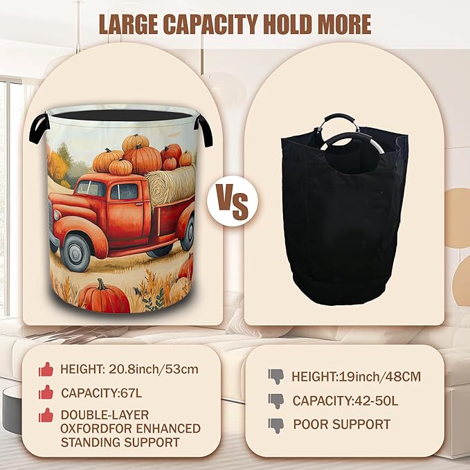 Happy Fall Laundry Hamper,Thanksgiving Day Red Truck and Pumpkin Laundry Baskets,Waterproof Oxford Cloth Toy Storage for Bedroom,Bathroom,Nursery,16x20.8 Inch