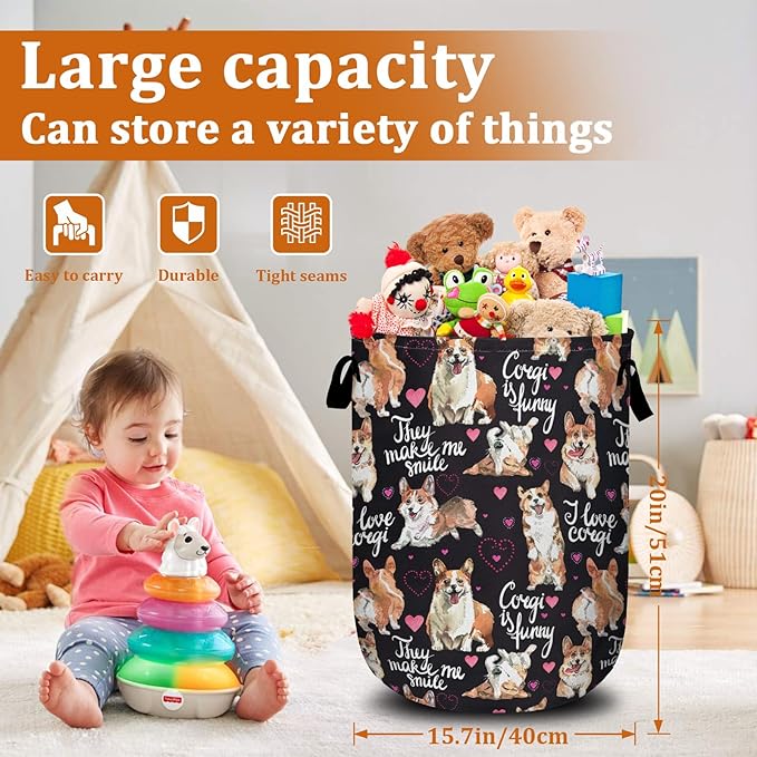 Cute Corgi Dog Laundry Basket with Sturdy Handles, Dog Lover Collapsible Oxford Cloth Laundry Hamper Organizer Basket for Bathroom Bedroom 15.7x20 Inch