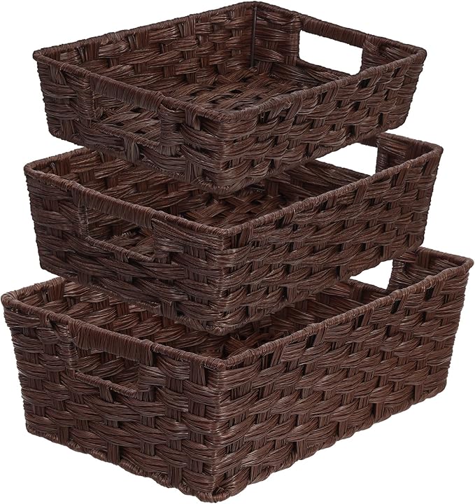Set of 3 Large Wicker Storage Baskets for Shelves, Wicker Basket for Organizing, Waterproof Woven Baskets for Shelves and Pantry, Toilet, Bathroom, Bedroom, Patio(Brown)