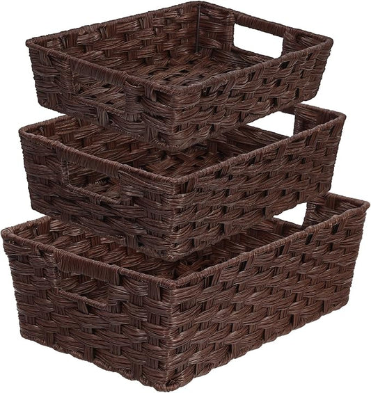 Set of 3 Large Wicker Storage Baskets for Shelves, Wicker Basket for Organizing, Waterproof Woven Baskets for Shelves and Pantry, Toilet, Bathroom, Bedroom, Patio(Brown)