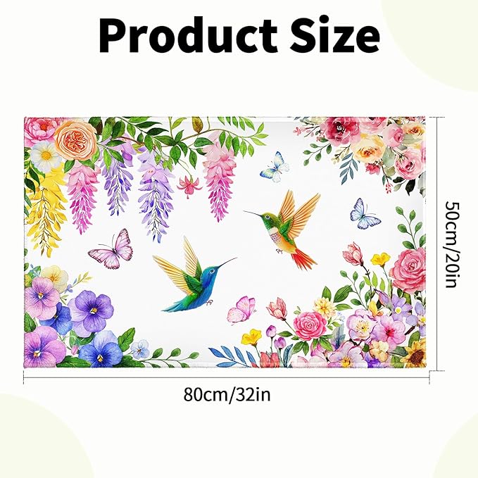 Hummingbird Flowers Bath Rug, Watercolor Spring Floral Butterly Bathroom Mats 32x20 Inch, Birds Plant Non-Slip Absorbent Bathroom Rugs for Bedside Shower Room Bathtub Kitchen Sink