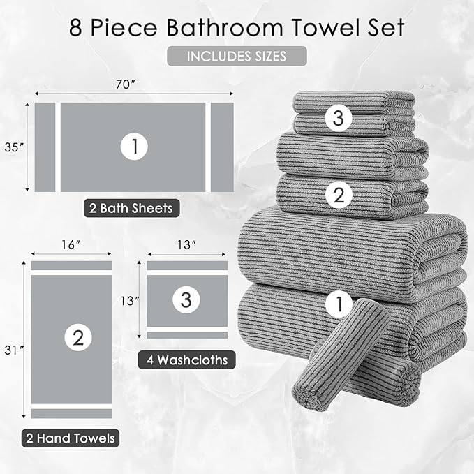 8-Piece Premium Towel Set for Bathroom|2 Oversized Large Bath Sheet,2 Hand Towels,4 Washcloths|Soft Cozy Highly Absorbent Fast Dry Microfiber Towel Set for Hotel,Bathroom Essentials,Dark Grey