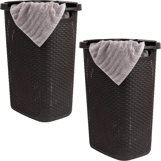 Mind Reader Slim Laundry Hamper with Lid, 60L Clothes Baskets, Premium Wicker Design, Plastic, 2-Pack, Brown