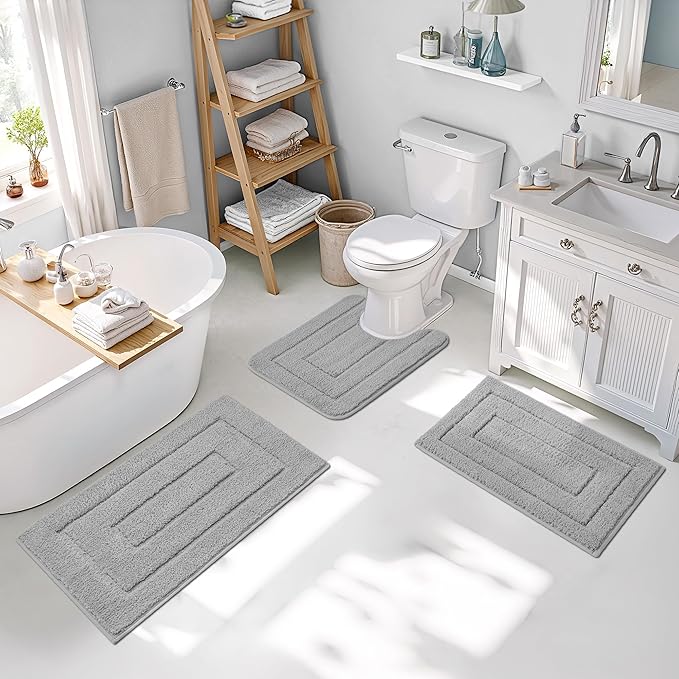 GRANNY SAYS Bathroom Rugs Sets 3 Piece, Super Soft Absorbent Microfiber Bath Mats Non Slip Washable, U-Shaped Toilet Rug Bath Rugs for Tub Shower (Grey, 16" x 24" + 20" x 32" + U Shaped 20" x 24")
