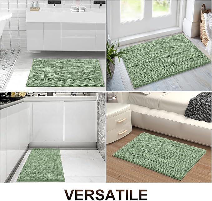 Grandaily Chenille Striped Bathroom Rugs 24x16, Extra Thick and Absorbent Bath Mats, Non-Slip Soft Plush Shaggy Shower Carpet, Machine Wash Dry, Bath Rug for Bathroom, (Small, Grayish Green)