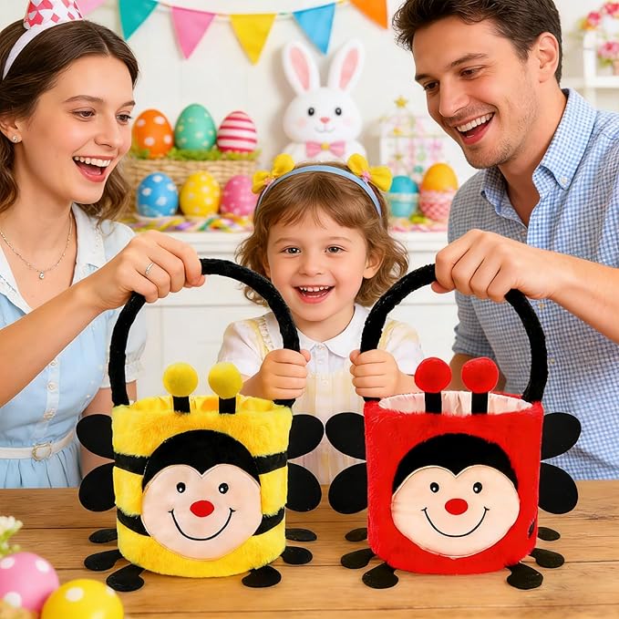 DearSun 2 Pcs Easter Basket Bee & Ladybird Plush Baskets, Easter Egg Hunting Basket for Kids Gifts Party Decoration Supplies, Dia 8" * H 15.7"(Ladybird & Bee)