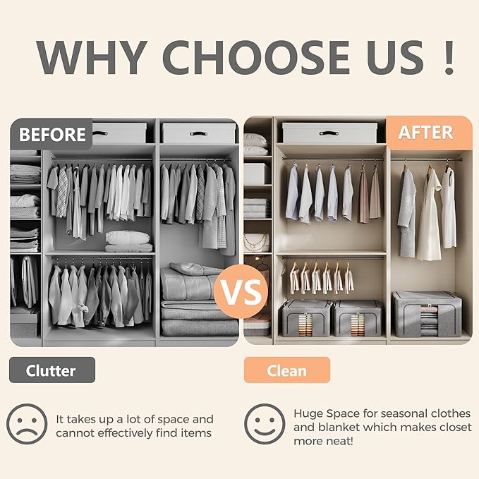 Pinkpum 3 Pack Clothes Storage Bins with Metal Frame, Closet Organizers and Storage Boxes, Sturdy Stackable & Foldable Clothes Organizer Bags with Clear Window & Long Carry Handles, Grey 40L