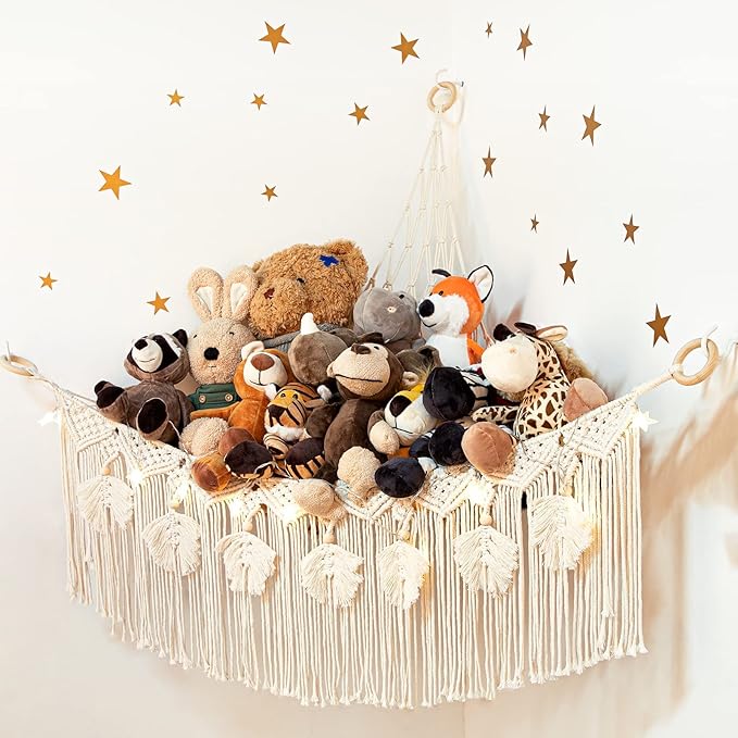 ANROYE Macrame Stuffed Animal Toy Net Hammock with Star Light, Small Plushies Boho Storage for Nursery, Corner Wall Hanging Organizer for Kid, Bohemian Woven Decor Display Holder for Girls Boy Gift