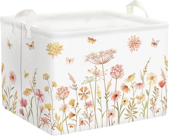 Clastyle Boho Flower Nursery Bin Spring Summer Wildflower Floral Dandelion Plant Butterfly Baby Girl Gift Basket Rectangle Clothes Towel Basket Book Toy Chest