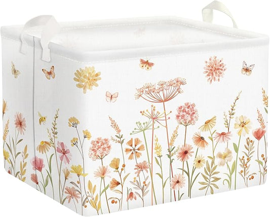 Clastyle Boho Flower Nursery Bin Spring Summer Wildflower Floral Dandelion Plant Butterfly Baby Girl Gift Basket Rectangle Clothes Towel Basket Book Toy Chest