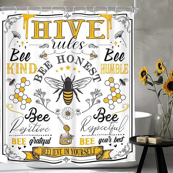 Homewelle Black Yellow Bee Words Shower Curtain Inspirational Quotes Motivationa Rustic Retro Floral Flower Plant Honeycomb 60Wx72H Inch Aesthetic Vintage Waterproof Polyester Fabric Bathroom Bathtub