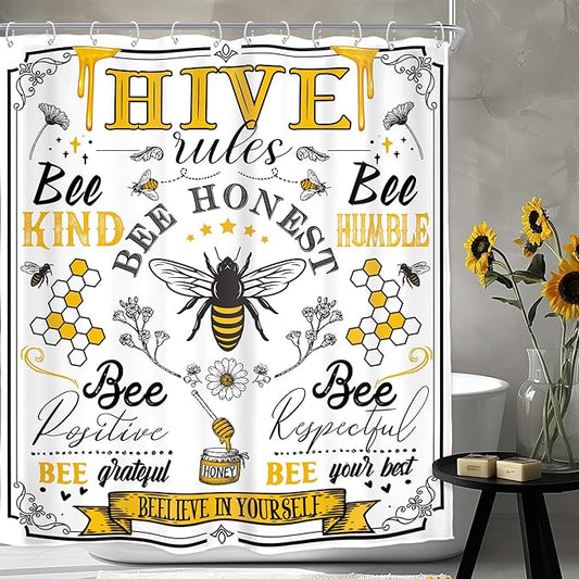 Homewelle Black Yellow Bee Words Shower Curtain Inspirational Quotes Motivationa Rustic Retro Floral Flower Plant Honeycomb 60Wx72H Inch Aesthetic Vintage Waterproof Polyester Fabric Bathroom Bathtub