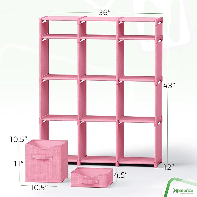 12 Cube Storage Organizer With Bins Included - Closet Storage With 12 Storage Bins - Easy To Assemble Storage Unit With Drawers - Closet Organization For Clothes, Bedroom, Nursery, & Toys (Pink)