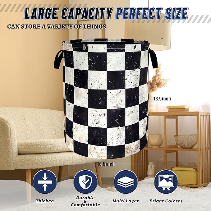 Funny White Checkered Laundry Basket Foldable Retro Black Squares Laundry Hamper With Handle Oxford Cloth Portable Clothes Storage Basket Laundry Bag 18.9"x16.5" For Laundry Room/Bedroom/Bathrooms