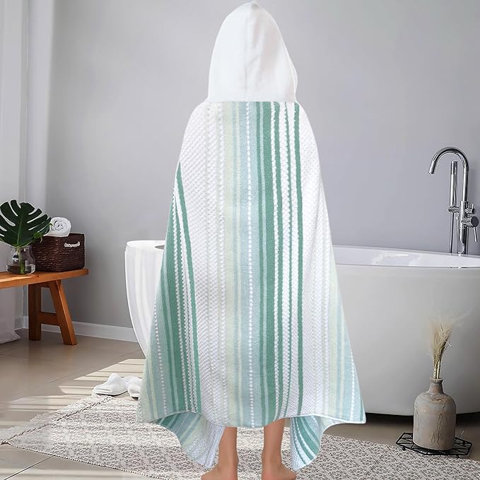Hooded Bath Towel for Teens (6-12 Years,64"X33") | Soft Fluffy Quick Dry Absorbent 100%Cotton Thick Towel Wrap for Big Kids | Versatile Beach, Pool, Swim & Bath Cover-Up | Light Green Vertical Stripe