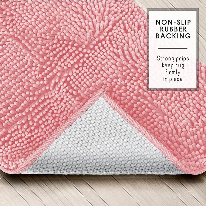Hearth & Harbor Bathroom Rugs, Chenille Bath Mat - Machine Washable Bath Mats for Bathroom Non-Slip Backing Rubber, Quick Dry Bathroom Mat, 17 x 24 - Pink