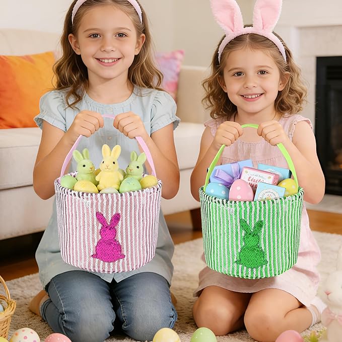 Personalized Easter Basket for Kids, Boys & Girls – Ideal for Egg Hunting & Easter Gift Storage (Pink Sequin Bunny Basket)