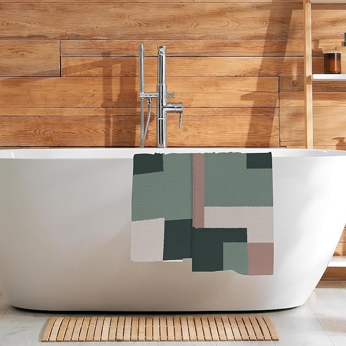 Green Orange Beige Geometric Hand Towel for Bathroom Set of 2,Boho Abstract Minimalist Checkered Art Bathroom Hand Towel,Soft Absorbent Decorative for Hotel Home Decor