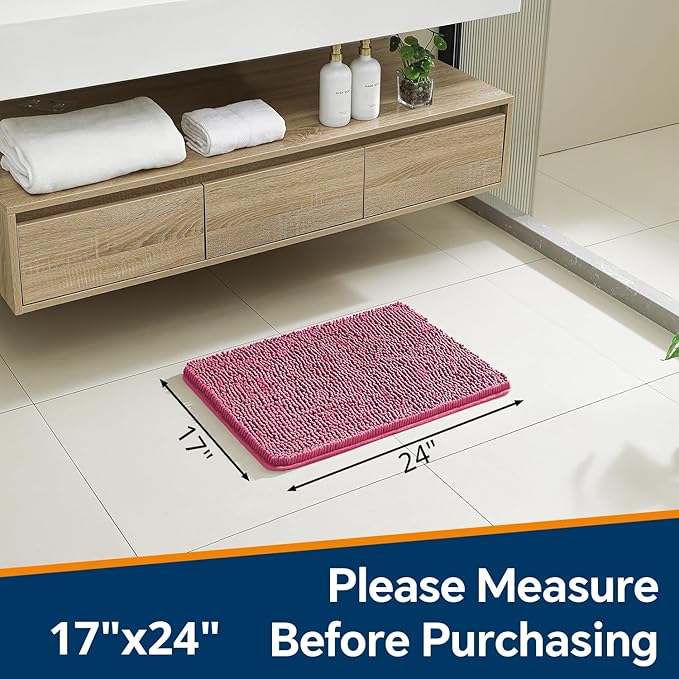 Hot Pink Bathroom Rugs 17"x24" - Plush Chenille Non-Slip Bath Mat - Absorbent, Washable, Soft and Thick Decor for Shower, Sink, Kitchen, Tub, Home Accessories