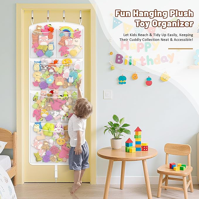 Stuffed Animal Storage Hammock – Over the Door Hanging Toy Organizer & Plush Toy Holder with Metal Hooks & Support Bars, Capacity Mesh Net for Easy Access, Kids Room, Playroom/Nursery, White
