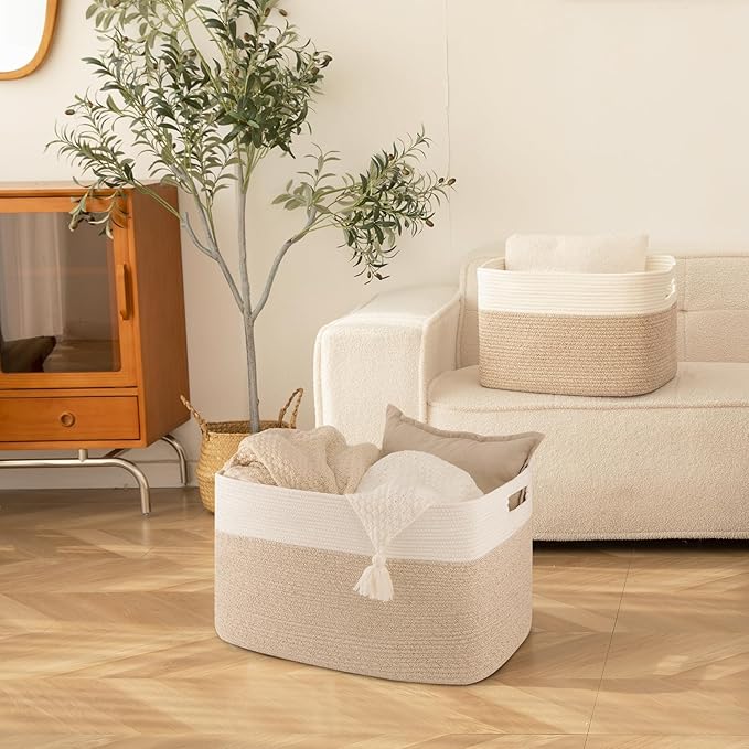 Extra Large Blanket Basket, Toy Basket Bin for Kids, Cotton Rope Woven Storage Basket for Living Room, Nursery, Baby Room Decorative Organizer, 24''×16''×15'', Brown & White