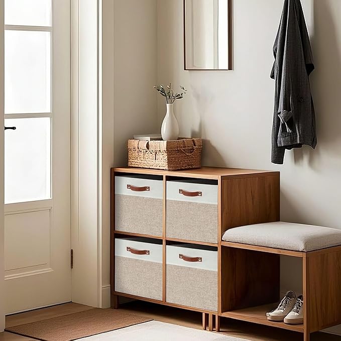 DECOMOMO Kallax Storage Cubes - 13x15x13 Storage Bins, Baskets for Organizing Shelves (Beige and White, 3-Pack)