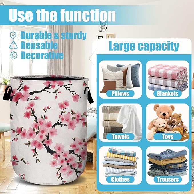 Japanese Cherry Blossom Tree Laundry Basket, Laundry Hamper Collapsible Oxford Cloth with Handle Clothes Toy Storage Bin for Bathroom Laundry Room Bedroom 15.7 X 20 Inch