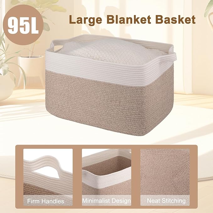 OIAHOMY Extra Large Blanket Basket, 95L Woven Storage Basket, Cotton Rope Toy Bin for Baby Room, Container for Storage in Living Room, 24''×17''×14'', Brown & White