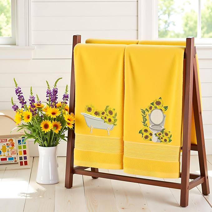 2pcs Yellow Sunflower Hand Towels for Bathroom Decorative Towels Set 100% Cotton cute Embroidered Spring summer floral bath towels dish kitchen towels Farmhouse Bathroom Decor Gift(Yellow Sunflower)