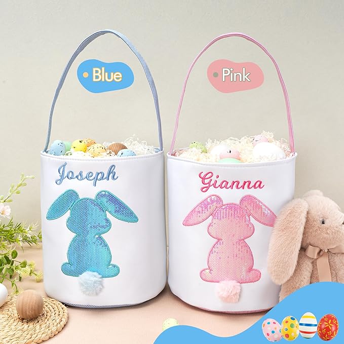 MT WORLD Toddler Easter Bunny Basket Personalized Easter Egg Hunt Bucket for Kids with Name Canvas Rabbit Bucket Tote for Baby Boys Girls Easter Party Decorations Candy Gifts Storage (Pink Glitter)