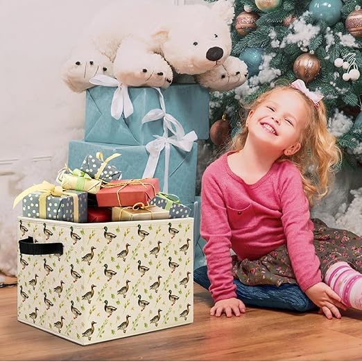 Mallard Duck Botanical Storage Bins Box with Handles, Rustic Wild Duck Laundry Basket Hamper Collapsible Clothes Toys Organizer for Kids Boys Room Nursery Playroom Bathroom