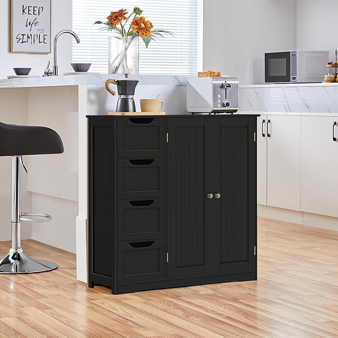Yaheetech Wooden Bathroom Floor Cabinet, Side Storage Organizer Cabinet with 4 Drawers & Double Doors, Freestanding Entryway Storage Unit Console Table, Bathroom Furniture Home Decor, Black