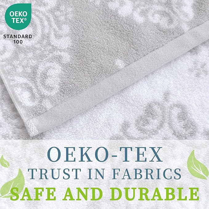 Grey Pattern Bath Towels, 4PC 28"x 52" - 100% Cotton | Lightweight | Absorbent, Quick Dry Bath Towel, Grey Decorative Bath Towels for Bathroom, Damask Jacquard Shower Towel Gift Set, Gray and White