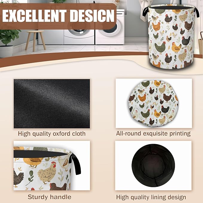 Cute Roosters Laundry Basket,Chicken Hens Plants Collapsible Laundry Hamper Waterproof Oxford Cloth With Handles,Clothes Storage Bucket Toy Organizer For Bathroom/Nursery/Bedroom 16" x 20.8"