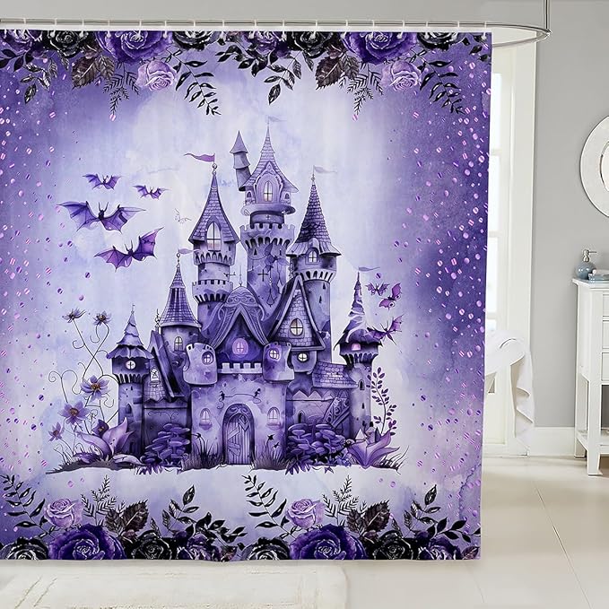 Gothic Purple Flower Plant Waterproof Bath Curtains with 12 Hooks Suits for Bathtub,Purple Castle Bat Shower Curtains,Kids Halloween Theme Bathroom Curtains,78 Inch Long