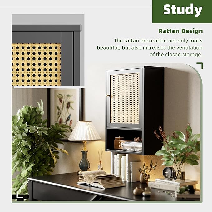 Bathroom Wall Cabinet, Bamboo Over-The-Toilet Storage Organizer with Rattan Doors and Adjustable Shelf, Space Saver Medicine Cabinet for Laundry, Kitchen, Living Room (Black)
