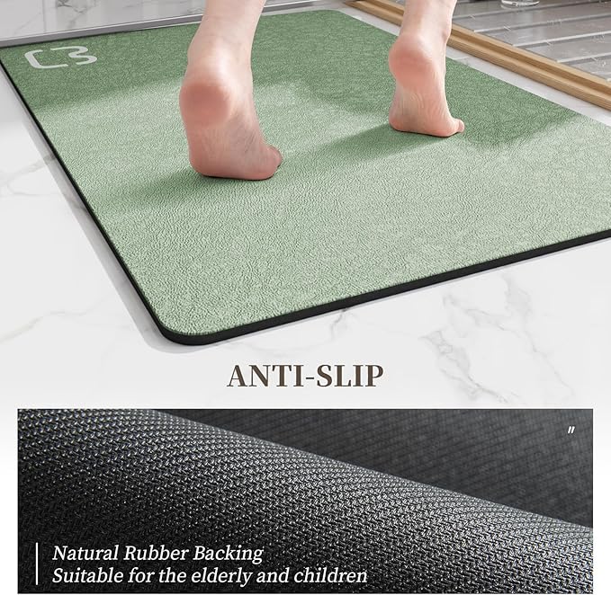 2 Piece Bathroom Rugs Mat Set - Quick Dry Diatomaceous Earth Bath Mat for Bathroom Non-Slip Bath Rug with Rubber Backing, Absorbent Bath Mats Thin Bath Floor Mat,15.7x23.6+15.7x47.2 Inch, Sage Green