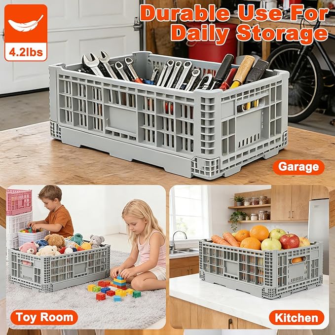Collapsible Milk Crate, 1 pck 52L(13GAL) Stackable Storage Bins, Heavy Duty Storage Crates, Plastic Crates for Grocery, Warehouse Organization - Extra Large, Holds 130 lbs Per Bin