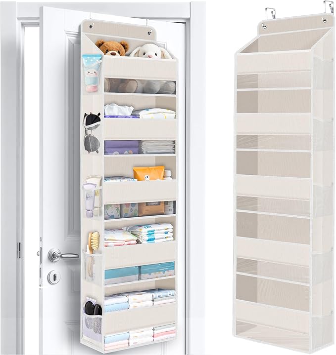 WISELIFE Over The Door Organizer Storage with 5 Large Pockets Door Hanging Organizer with Clear Windows behind The Door Storage for Nursery Bedroom Bathroom Pantry Closet and Baby Essentials Beige