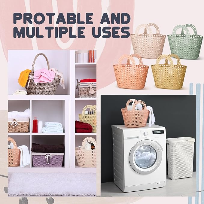 Nuogo 10 Pack Plastic Basket with Handles Multicolor Oval Carry Totes Potable Multipurpose Reusable Toiletry Storage Organizer Basket for Home Bathroom Dorm Communal Showers School