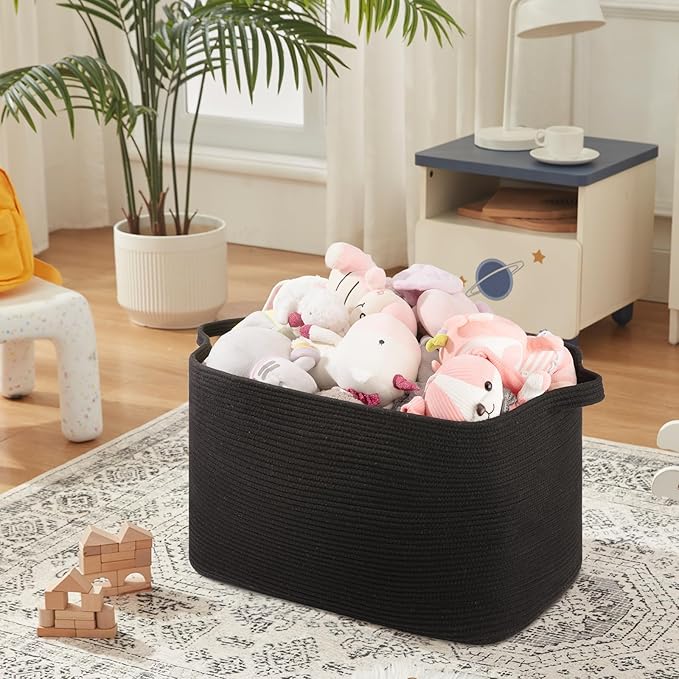 108L Extra Large Blanket Basket, 24.8" x 16.2" x 16.2" Rectangle Woven Storage Baskets for Living Room, Nursery, Bedroom, Toy Basket with Handle (Black)