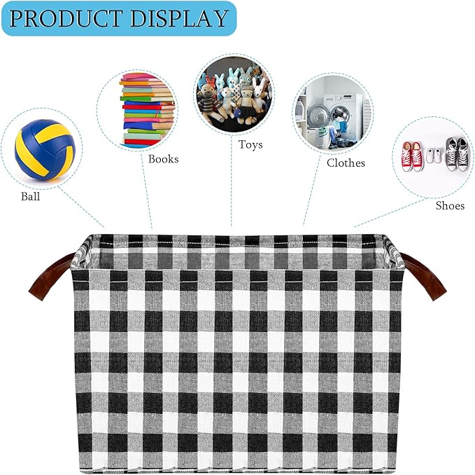 Boao 4 Pcs Buffalo Plaid Storage Baskets Black and White Bins Large Checkered Fabric Box with Handle Household Foldable Organizer Containers for Bathroom Bedroom(Simple Style)