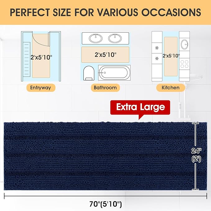 ACCUMTEK Extra Long Striped Navy Blue Bathroom Rug Mat 70"x24" Ultra Soft, Non Slip Chenille Bath Rugs, Absorbent Plush Shaggy Bath Mats for Bathroom, Bedroom, Kitchen, Shower, Tub