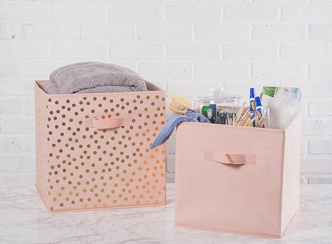 DII Non Woven Polyester Storage Bin, Polka Dot, Pink & Gold, Small Set of 4