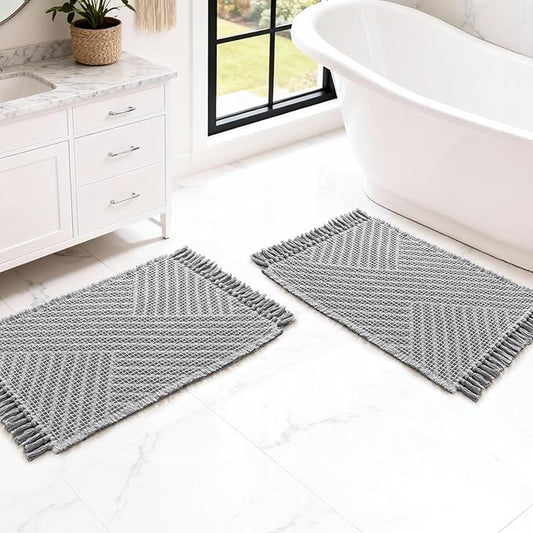 H.VERSAILTEX Waffle Bath Mat Super Absorbent Boho Bath Mat Non Slip Bath Rugs for Bathroom Floor Machine Washable Dry Fast Bathroom Rugs with Tassels (17 x 24 Plus 17 x 24 Inches, Dove)