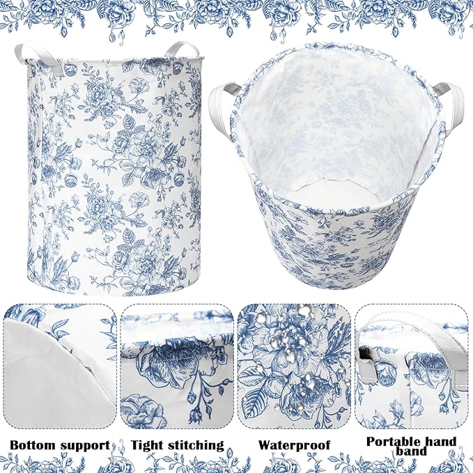 2 Pcs Laundry Basket Coquette Storage Basket for Girls Nursery Hamper with Handles Foldable Waterproof Collapsible Storage Bin Organizer for College Dorms Bathroom(Chinoiserie)