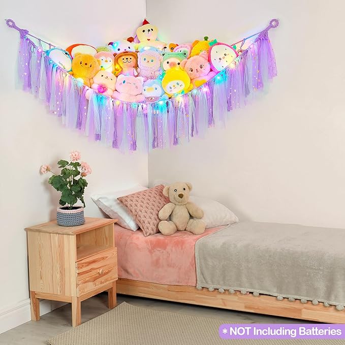 FIOBEE Stuffed Animals Net or Hammock with LED Light, Toy Hammock Hanging Stuffed Animals Storage Organizer Holder Room Décor for Nursery Kids Bedroom