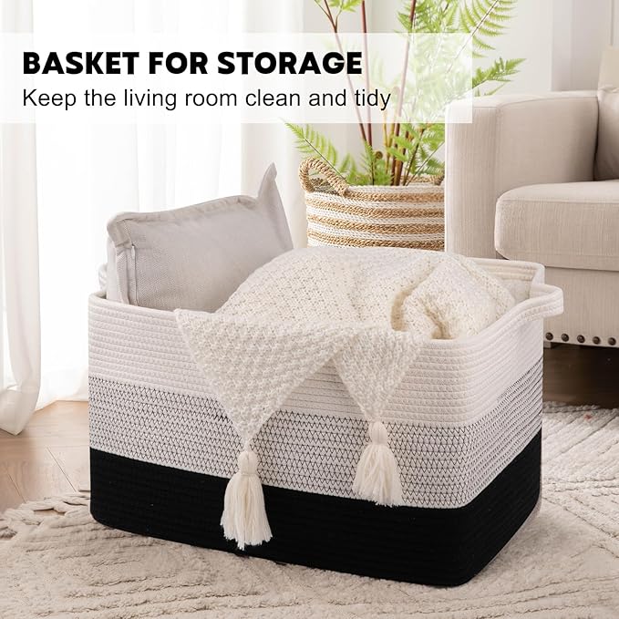 OIAHOMY Large Storage Basket, Cotton Rope Woven Blanket Basket, Toy Bin for Baby Room, Container for Blanket Storage in Living Room, 20''×16''×12'', Gradient Black