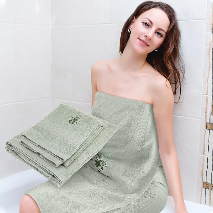 3 Pcs Eucalyptus Leaves Bathroom Towel Set Farmhouse Embroidered Eucalyptus Leaves Towels Vintage Decorative 100% Cotton Bath Towel Highly Absorbent Elegant Summer Decor Set for Bathroom